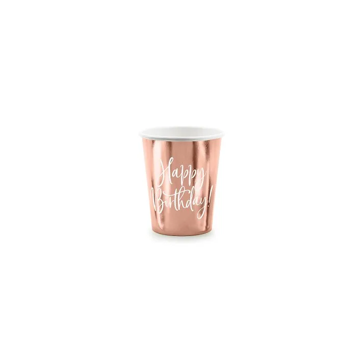 Vienkartiniai puodeliai rausvi "Happy birthday" 260 ml 6 vnt