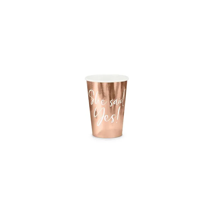 Vienkartiniai puodeliai rausvi "She said yes"260ml 6vnt pigu