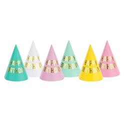 Gimtadienio kepuraitės spalvotos "Happy Birthday" 6 vnt 16cm