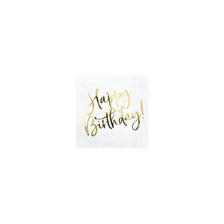 Servetėlės 3 sluoksnių baltos-auksinės "Happy birthday" 20vn