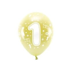 Balionai auksiniai "1 happy birthday" 33cm 6vnt gimtadieniui