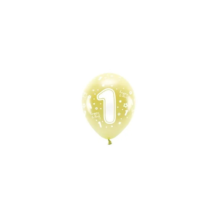 Balionai auksiniai "1 happy birthday" 33cm 6vnt gimtadieniui