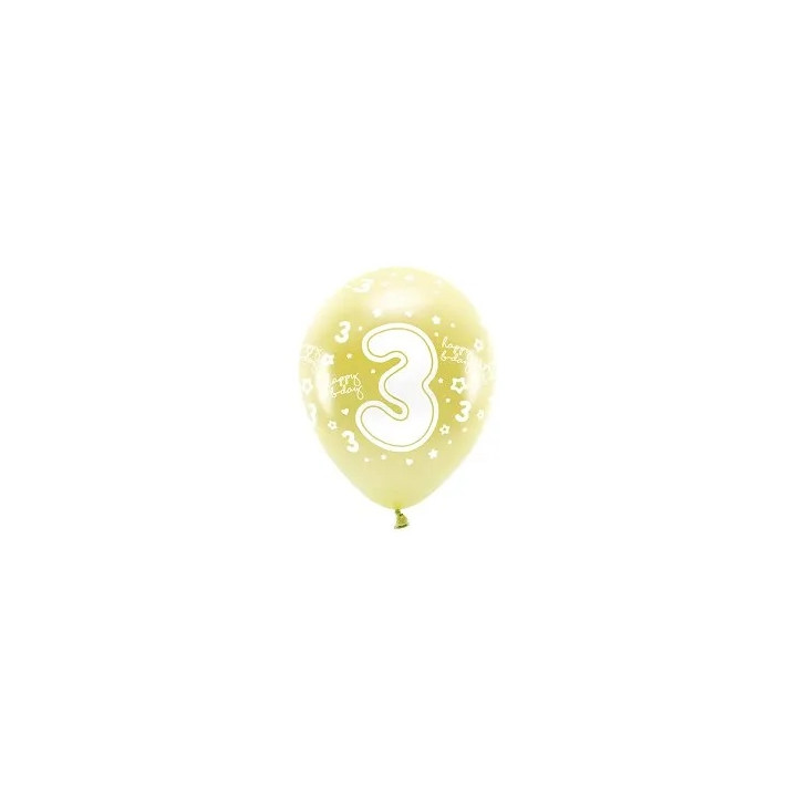 Balionai auksiniai "3 happy birthday" 33cm 6vnt gimtadieniui