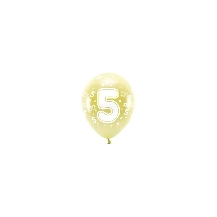 Balionai auksiniai "5 happy birthday" 33cm 6vnt gimtadieniui