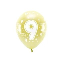 Balionai auksiniai "9 happy birthday" 33cm 6vnt gimtadieniui