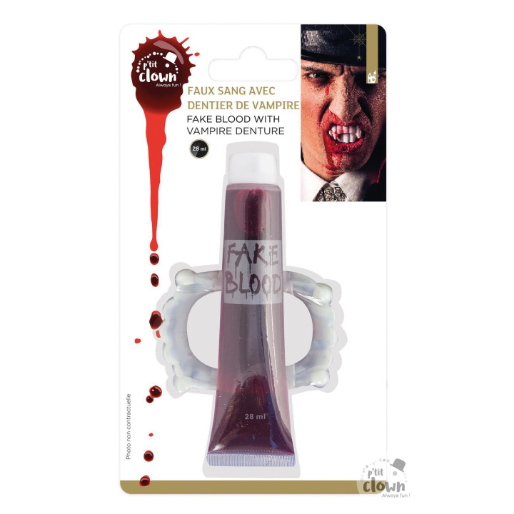 Dirbtinis kraujas 28 ml su vampyro dantimis | Helovinas