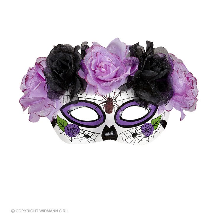 Dia de los Muertos kaukė su violetinėmis ir juodomis rožėmis