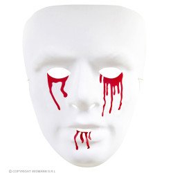 Plastikinė balta veido kaukė su kraujo imitacija helovinui..