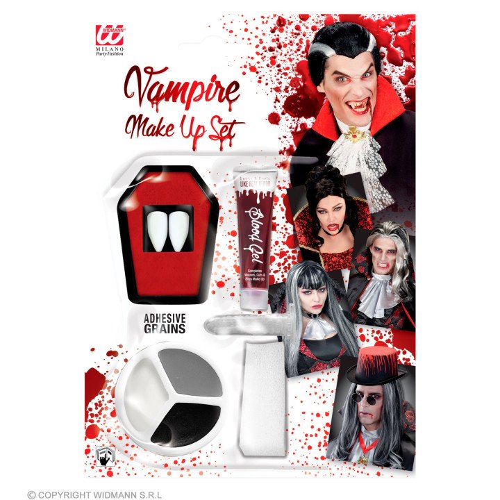 Vampyro rinkinukas 2 dantys dirbtinis kraujas dažai 3 spalvu