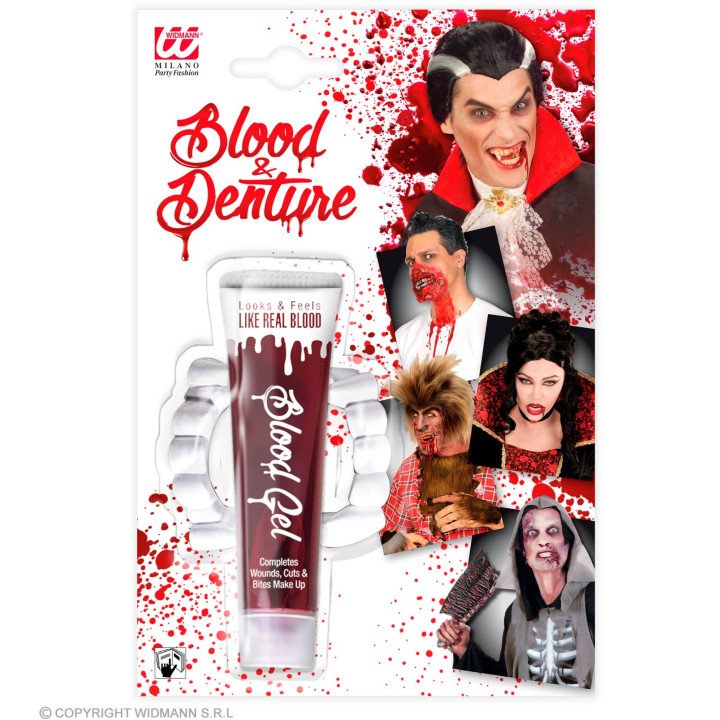 Vampyro dantys ir dirbtinis kraujas 28 ml helovino šventėms.