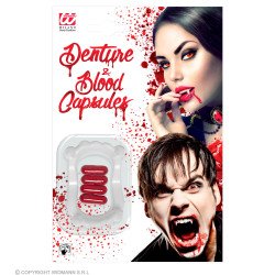 Vampyro dantys ir 4 kraujo kapsulės helovino atributika pigu