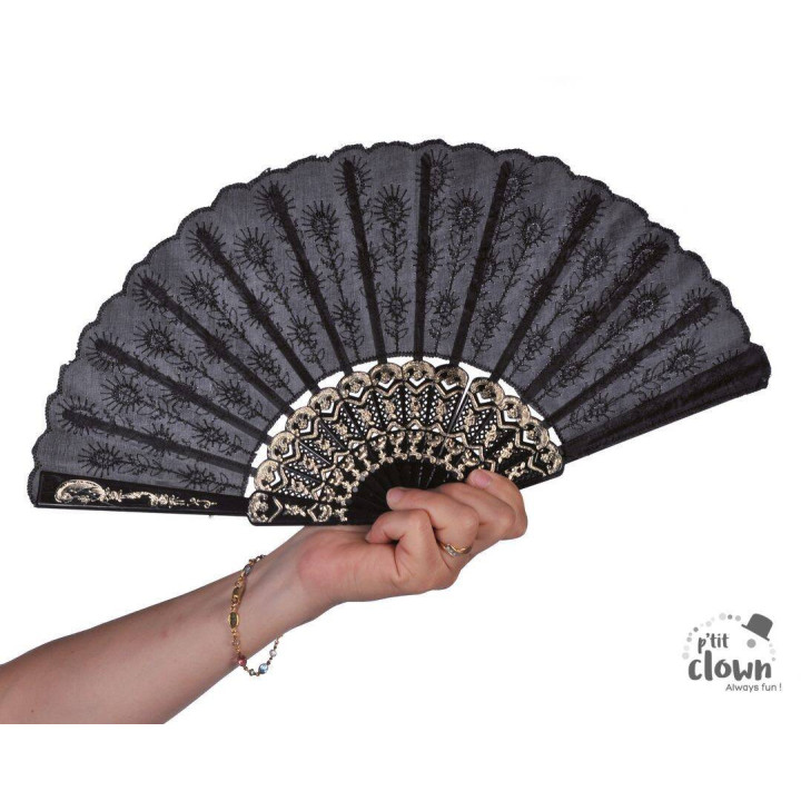 Vėduoklė juoda su ornamentais 45 cm retro disko vakarėliams