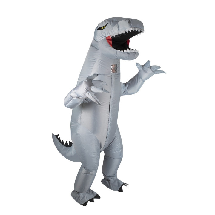 Pilkas pripučiamas dinozauro kostiumas puiki nuotaika švęsti