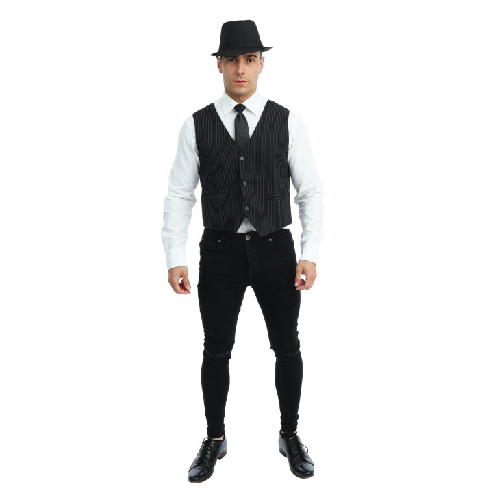 Liemenė juoda su baltomis juostelėmis L/XL retro mafija tema