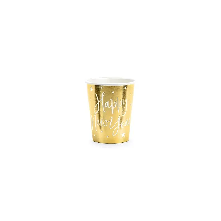 Vienkartiniai puodeliai auksiniai"Happy New Year" 220ml 6vnt