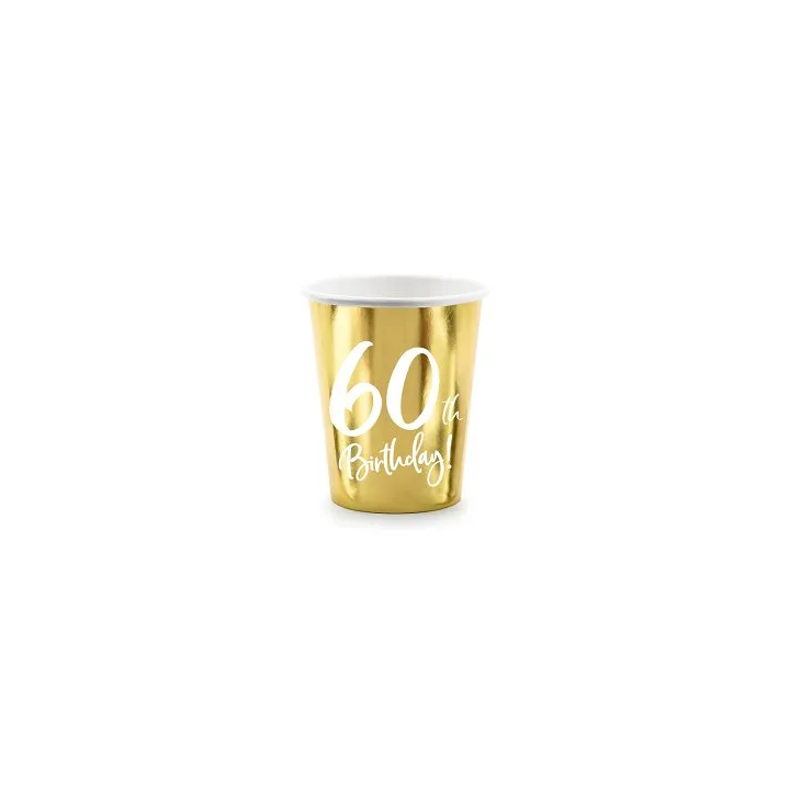Vienkartiniai puodeliai auksiniai "60 birthday" 220 ml 6 vnt