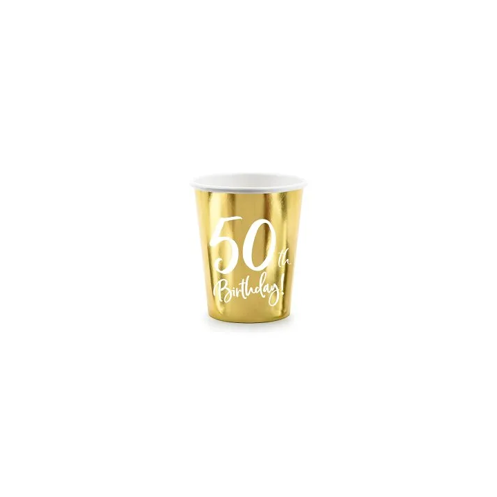 Vienkartiniai puodeliai auksiniai "50 birthday" 220 ml 6 vnt