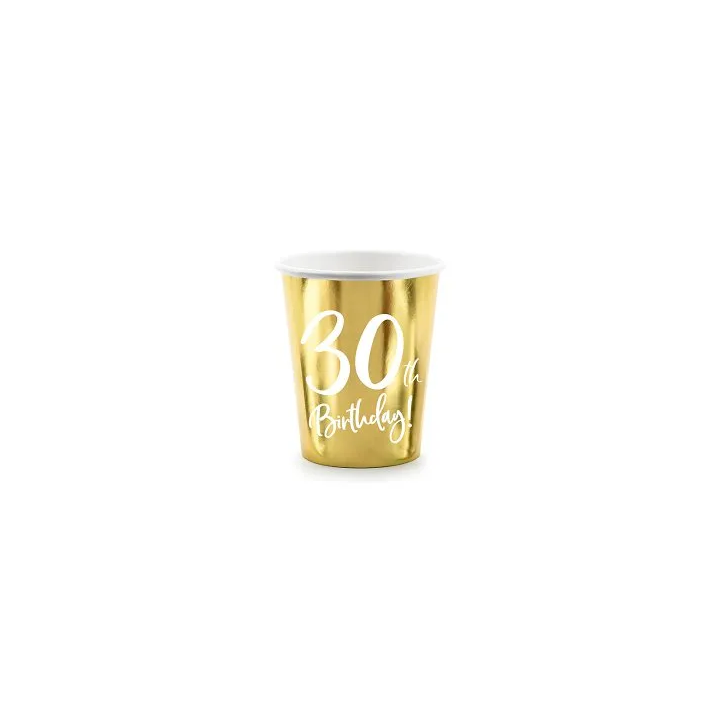 Vienkartiniai puodeliai auksiniai "30 birthday" 220 ml 6 vnt