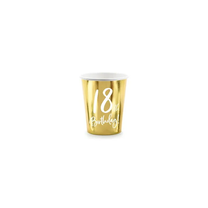 Vienkartiniai puodeliai auksiniai "18 birthday" 220 ml 6 vnt