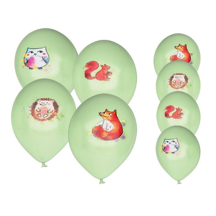 Balionų rinkinys 30 cm 8 vnt žali "Miško gyvūnai" oru heliu